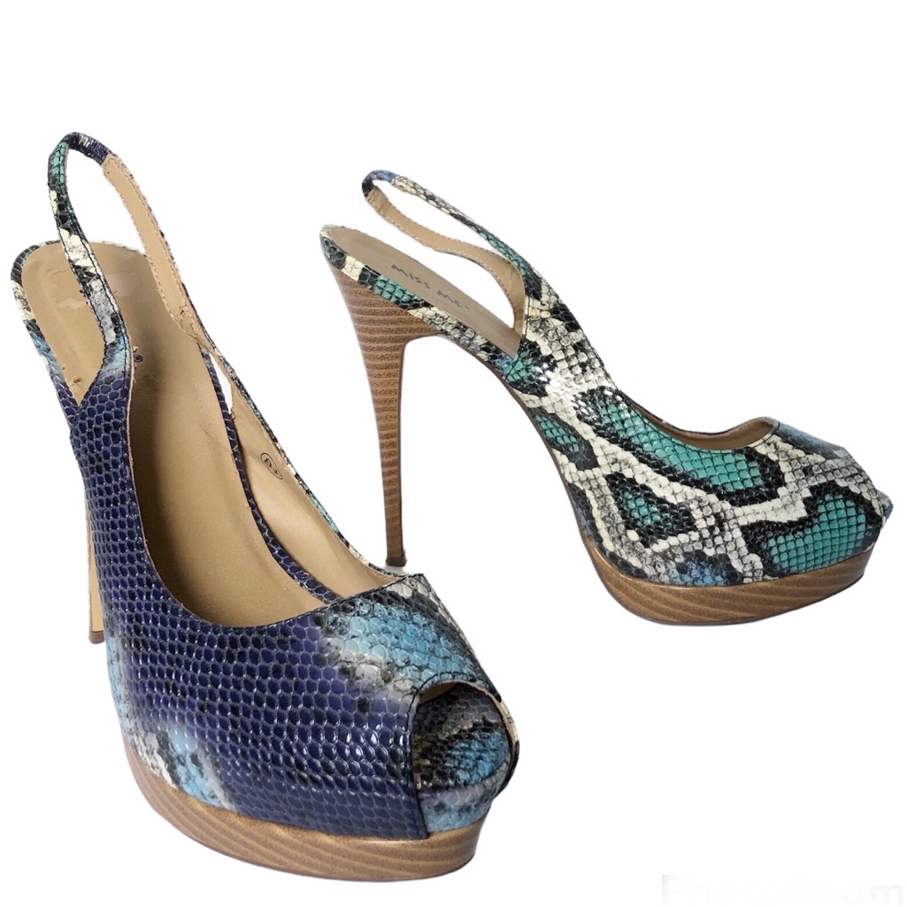 Miss Me Blue And Green Snakeskin Heels